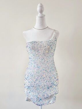 Windsor White Sequin One-Shoulder Mini Dress with Iridescent Accents